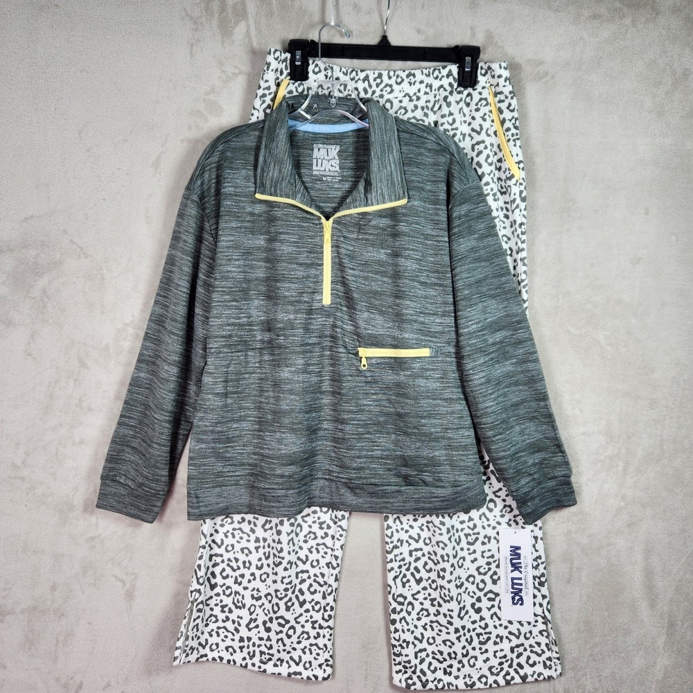 MUK LUKS Lounge Set Womens Medium Grey Leopard French Terry Quarter Zip A717036
